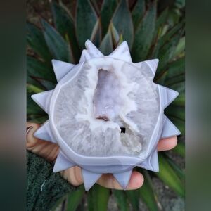 Blue laced Agate Sun Crystal carving with cave-druzy